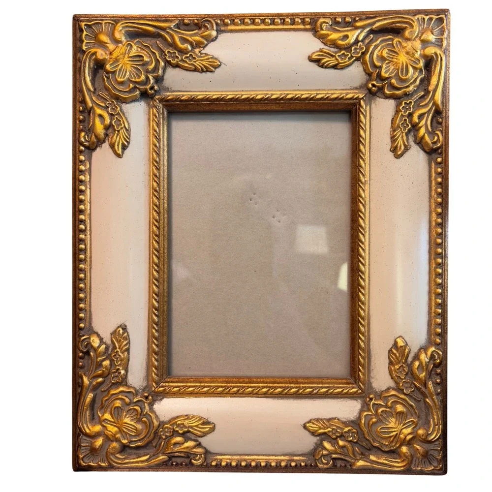 Ornate Vintage Floral Picture Frame Gold Cream Easel Stand 5x7 Inch Display Lux